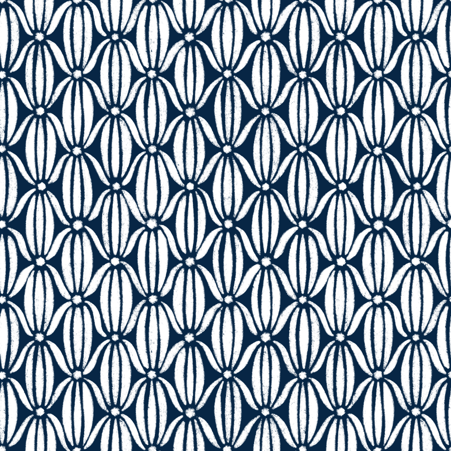 Pattern of stylized flowers in navy blue and white alternating colors.