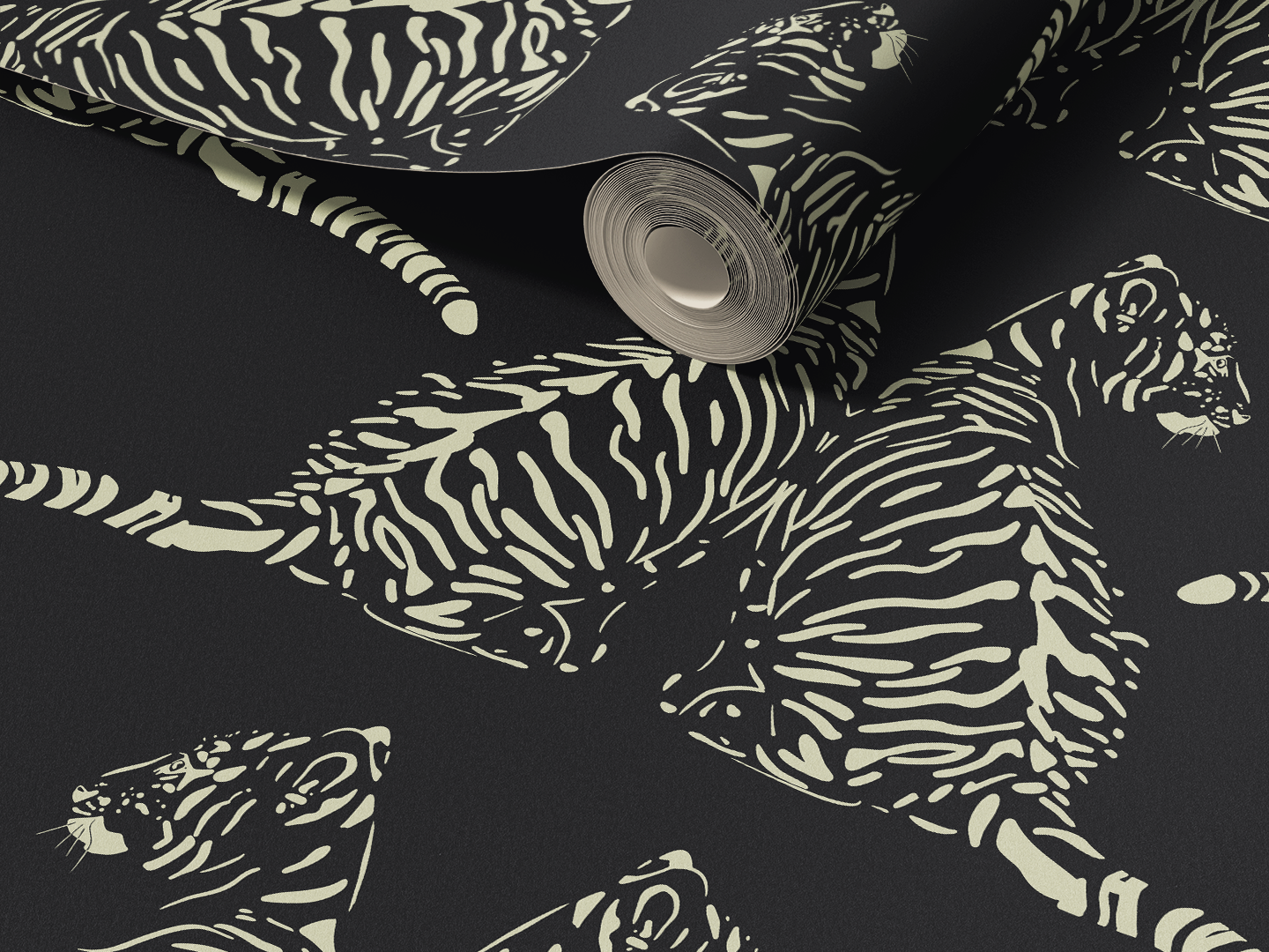 A roll of wallpaper with a black background and beige line drawing of a tiger in a walking pose.