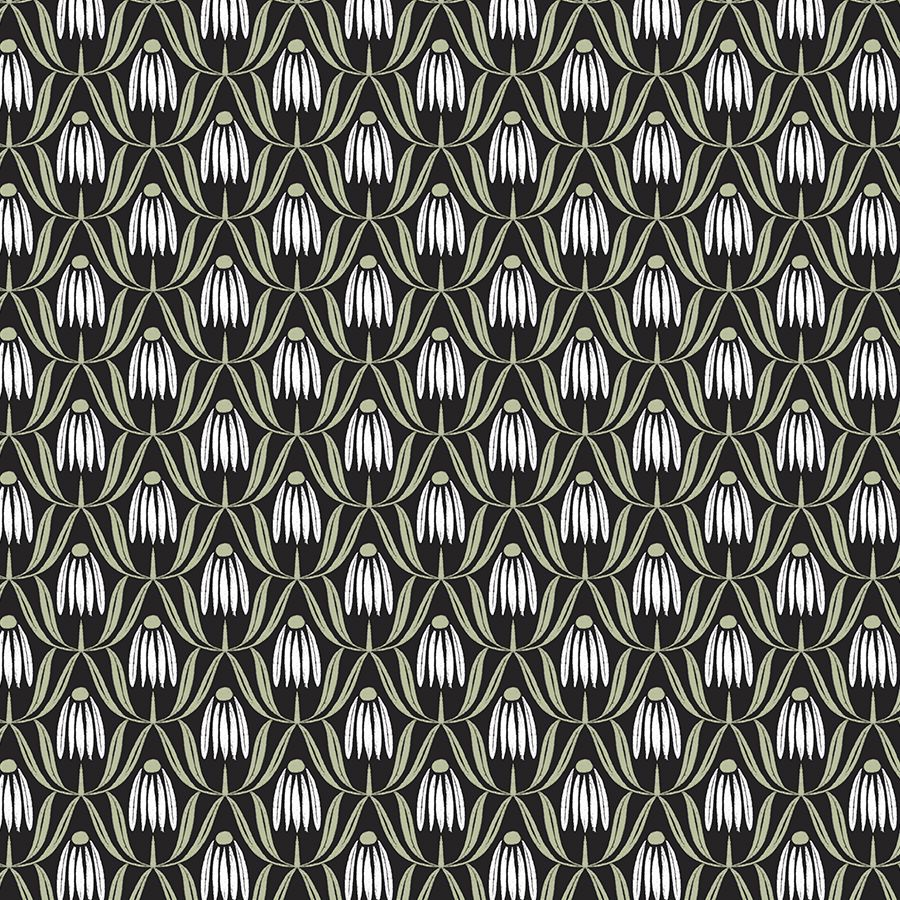 Pattern of white flowers with long petals and rounded centers, surrounded by green leaf-like shapes on a black background.