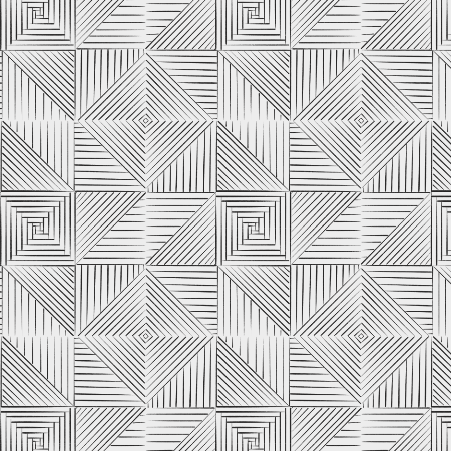 Black and white geometric pattern with squares and triangles, featuring concentric designs.