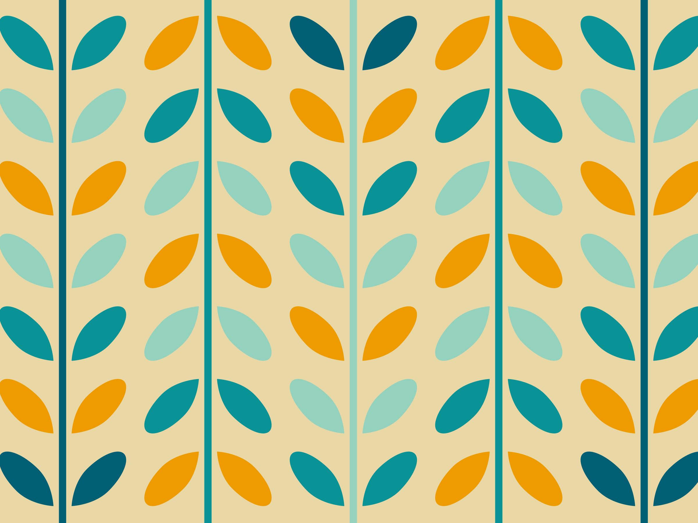 A repeating pattern of stylized leaves in teal, light blue, and orange on a beige background, arranged in vertical columns separated by teal lines.