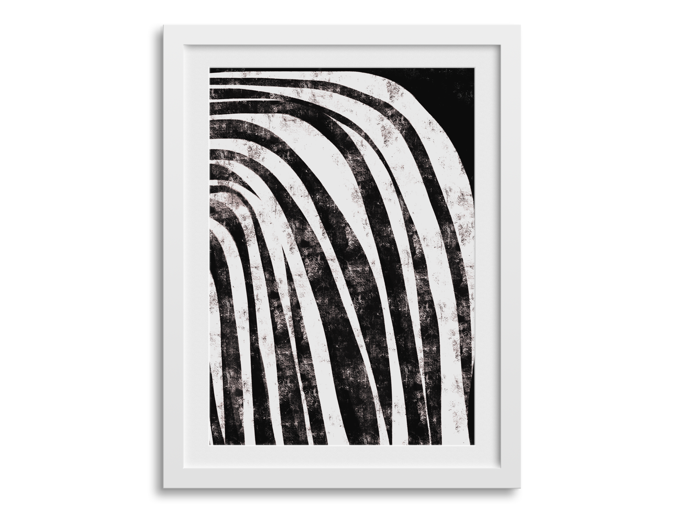 Black and white abstract artwork of concentric curved lines within a white frame.