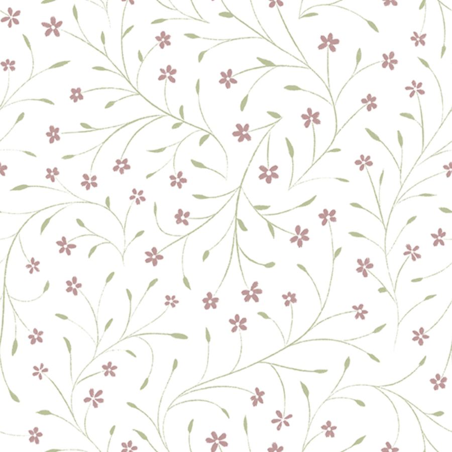 Light-colored floral pattern with small mauve flowers and green vines on a white background.