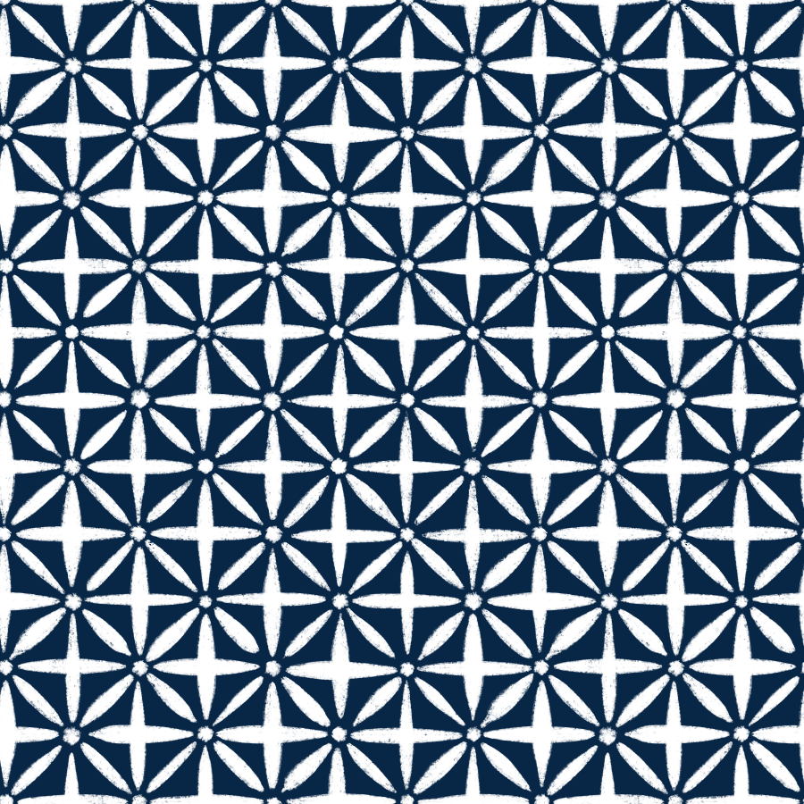 A pattern of geometric shapes resembling a floral motif, in navy blue and white.