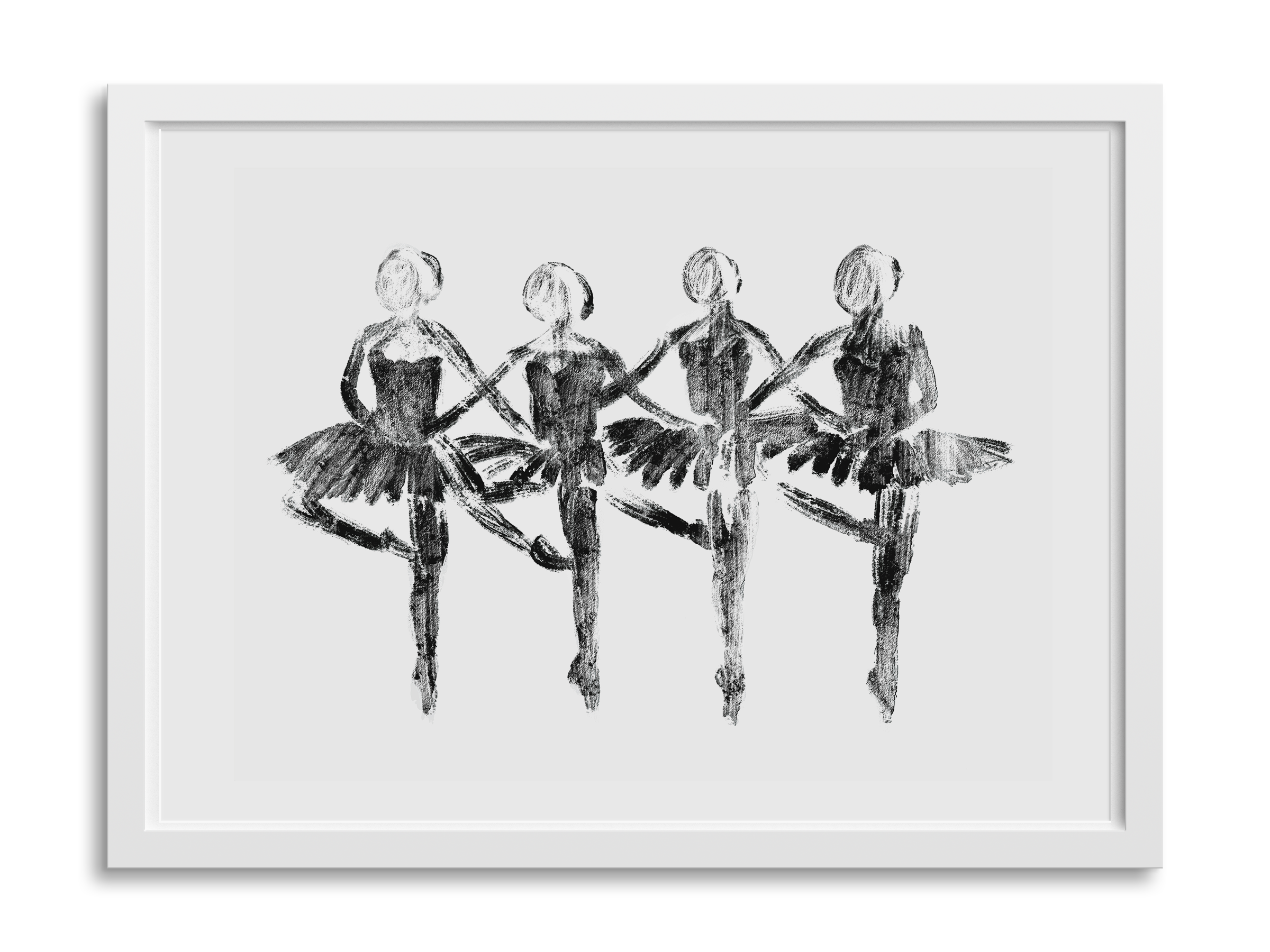 Black and white sketch of four young ballerinas in retire en pointe with arms intertwined referencing the pas de quatre dance of the baby swans (les cygnets) from the classic ballet, Swan Lake.