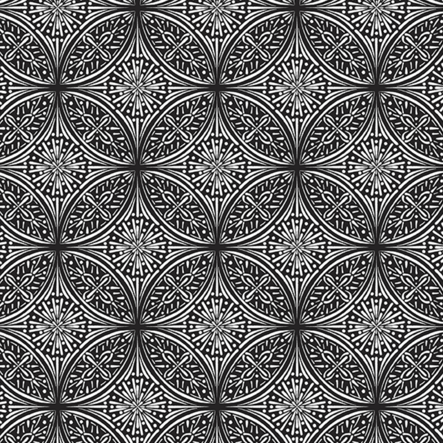 A black and white geometric pattern of repeating floral-like designs with thin lines and dots.