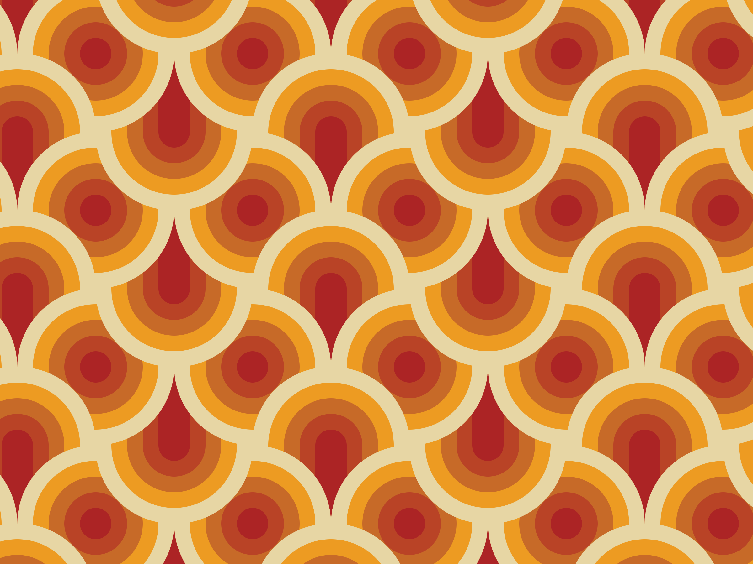 A geometric pattern consisting of concentric semicircles in shades of orange, red, and cream, repeated across a red background.