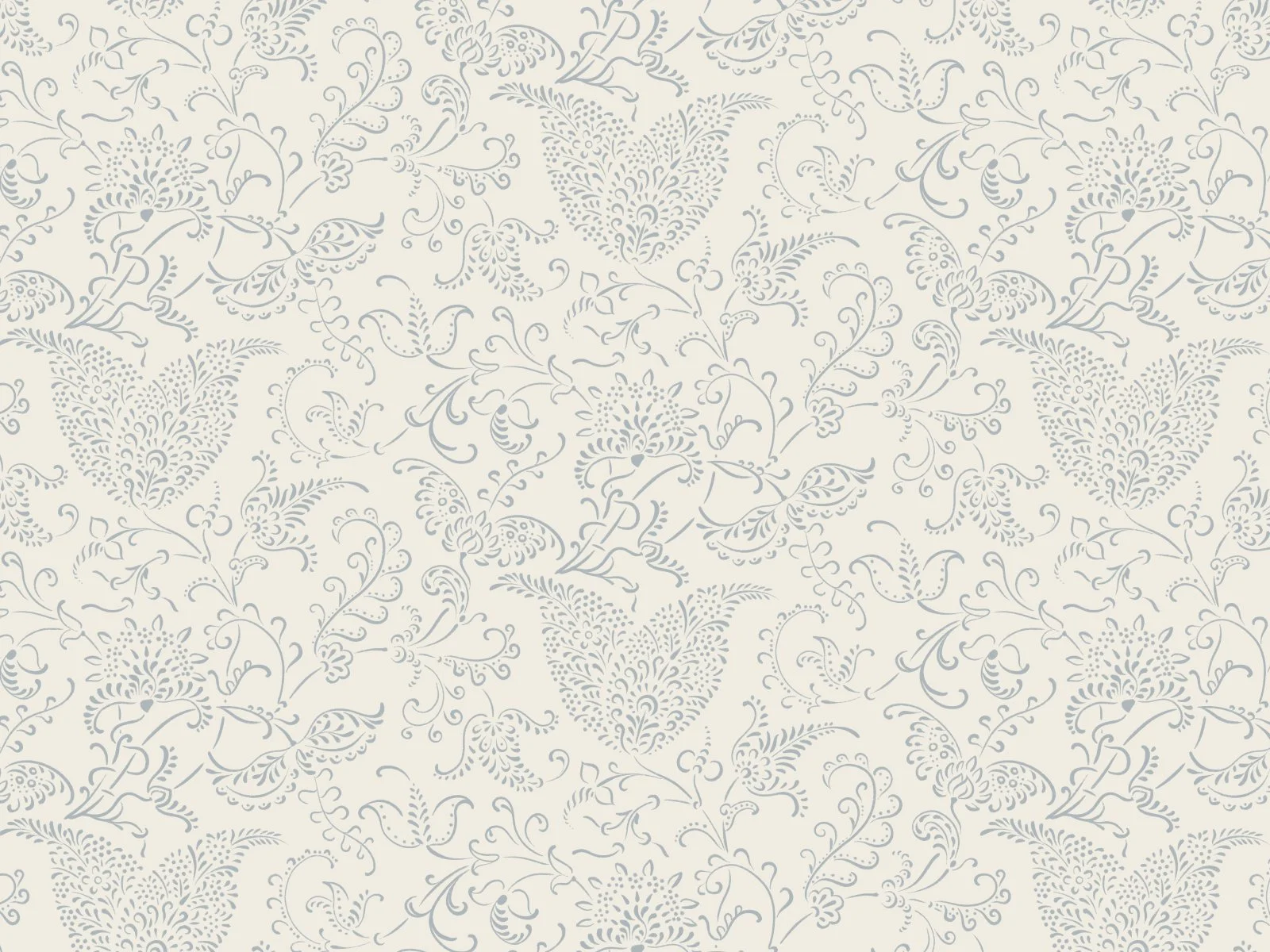 A beige wallpaper with a repeating pattern of intricate gray floral and heart-shaped designs.