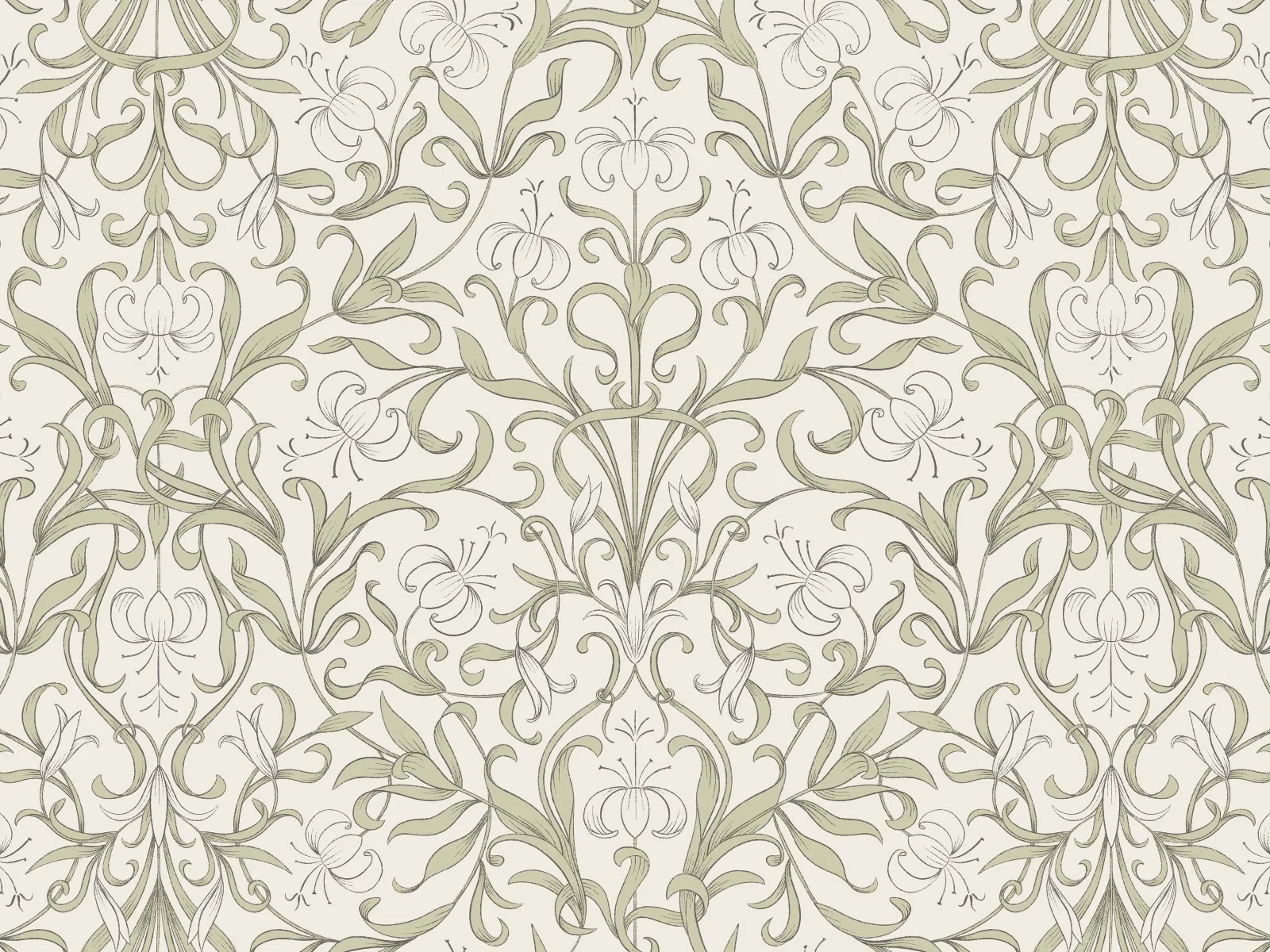 A vintage floral pattern featuring stylized lilies and swirling vines in muted beige and green tones.