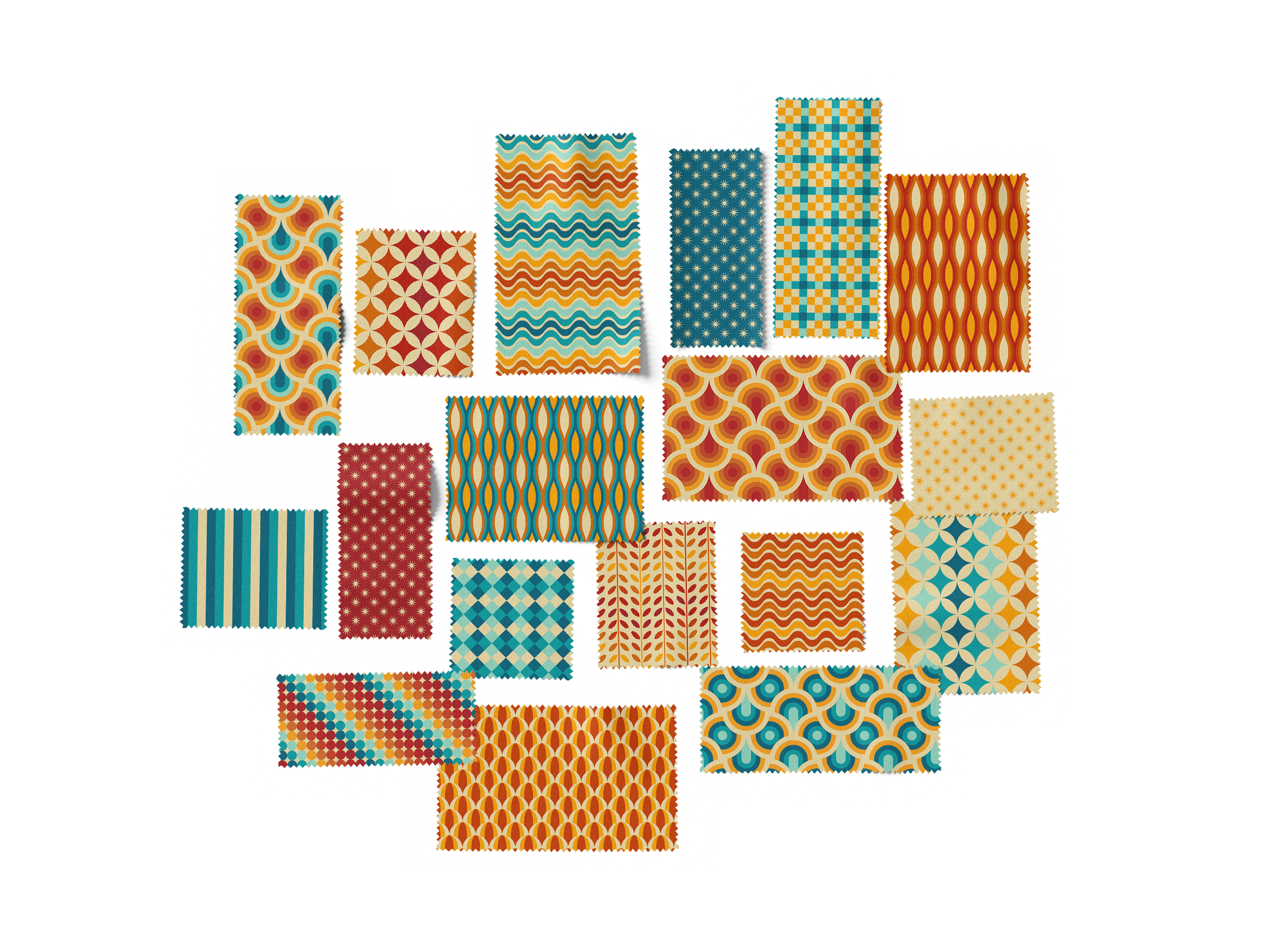 Collection of fabric swatches with various colorful retro geometric and abstract patterns on a white background.