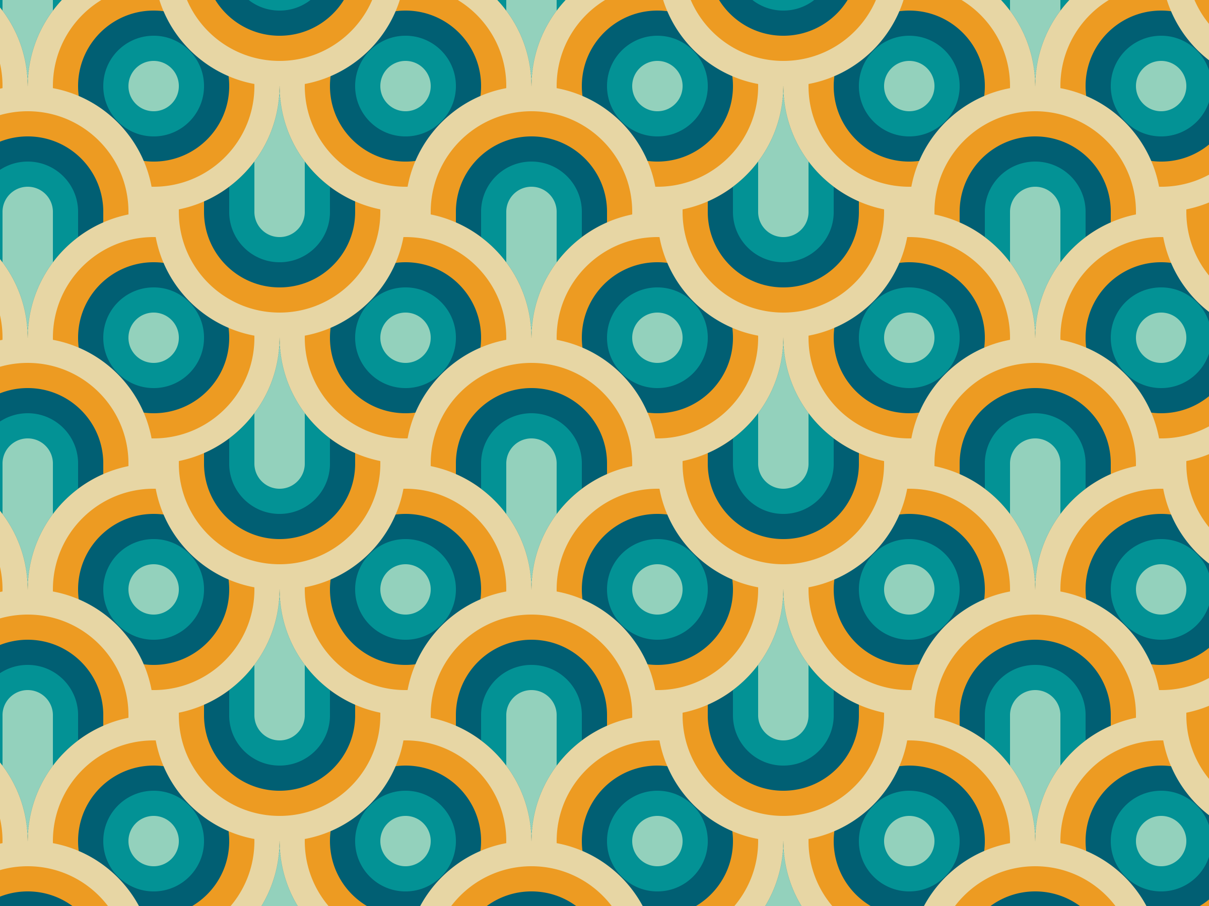 A repeating geometric pattern with semi-circular shapes in shades of teal, blue, beige, and orange.