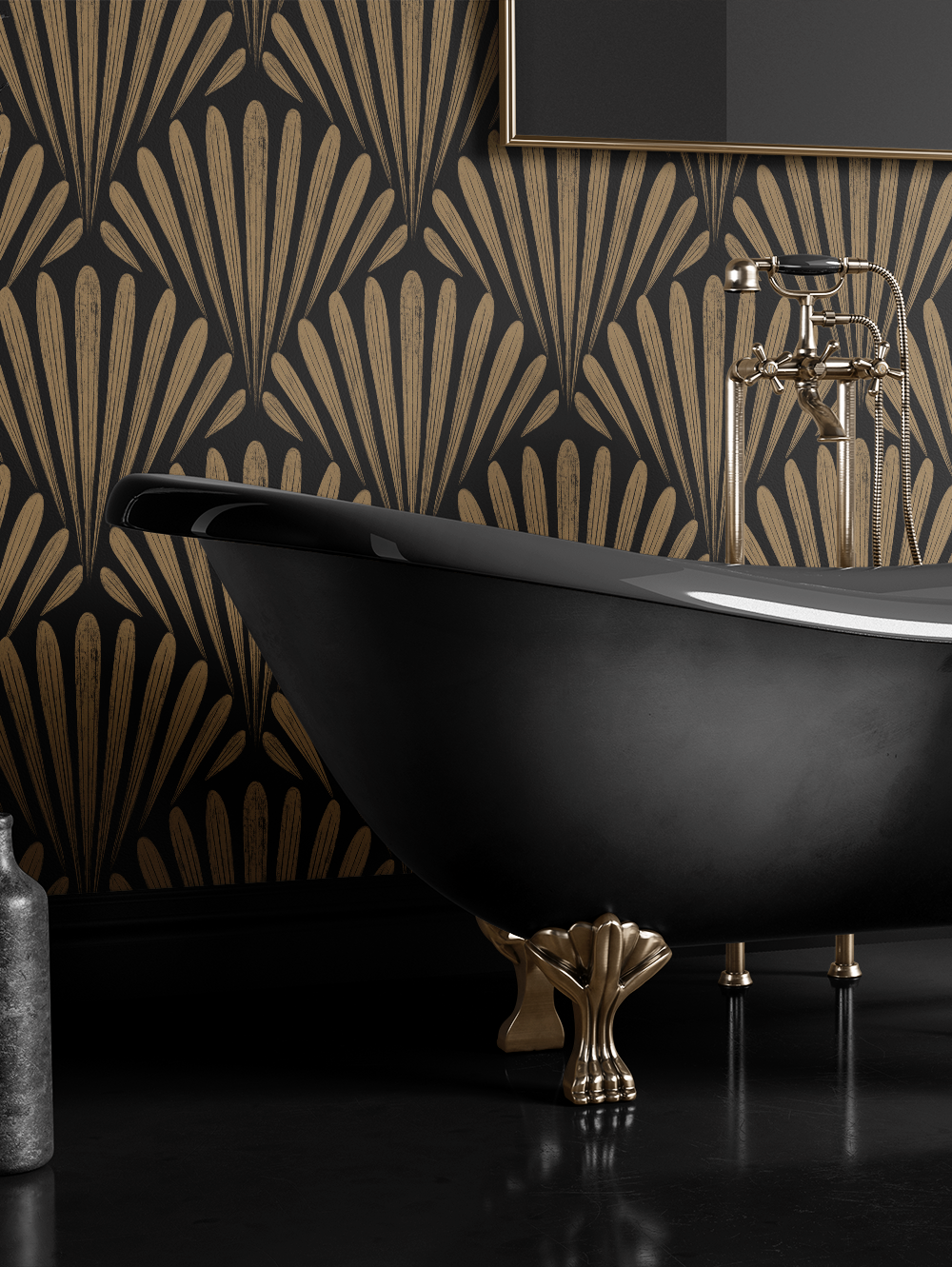 A black vintage clawfoot bathtub with gold clawfoot legs in a bathroom with dark wallpaper featuring gold geometric fan shapes.