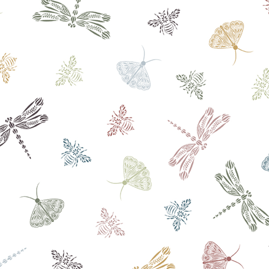 Pattern of colorful butterflies and dragonflies on a white background.