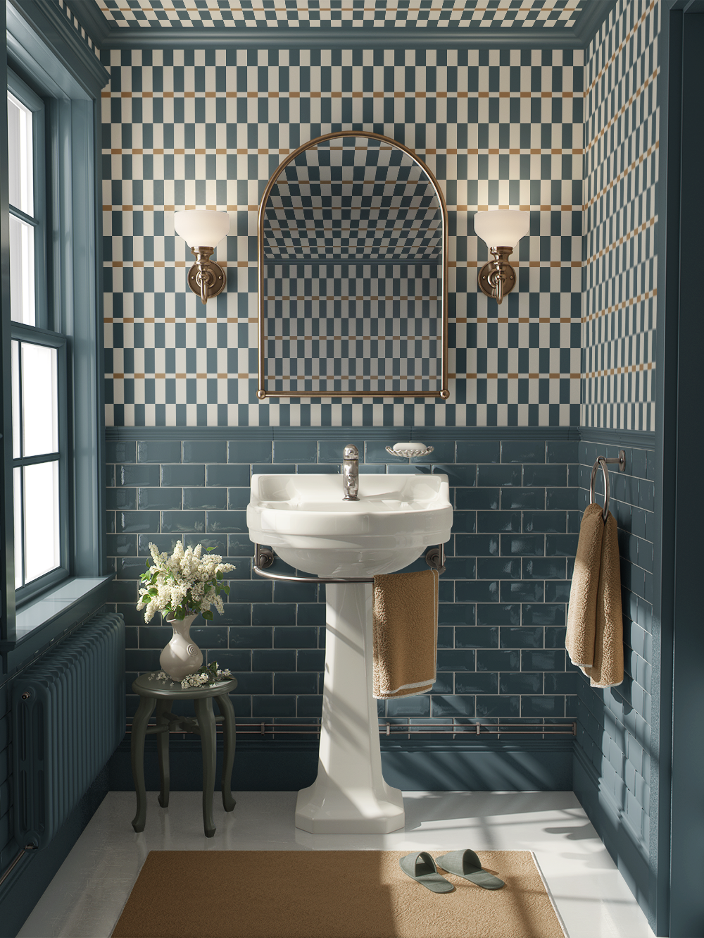 A stylish vintage-style bathroom with a pedestal sink, a large mirror, and wall sconces, featuring blue and beige checkered wallpaper, blue tile wainscoting, and a window with natural light.