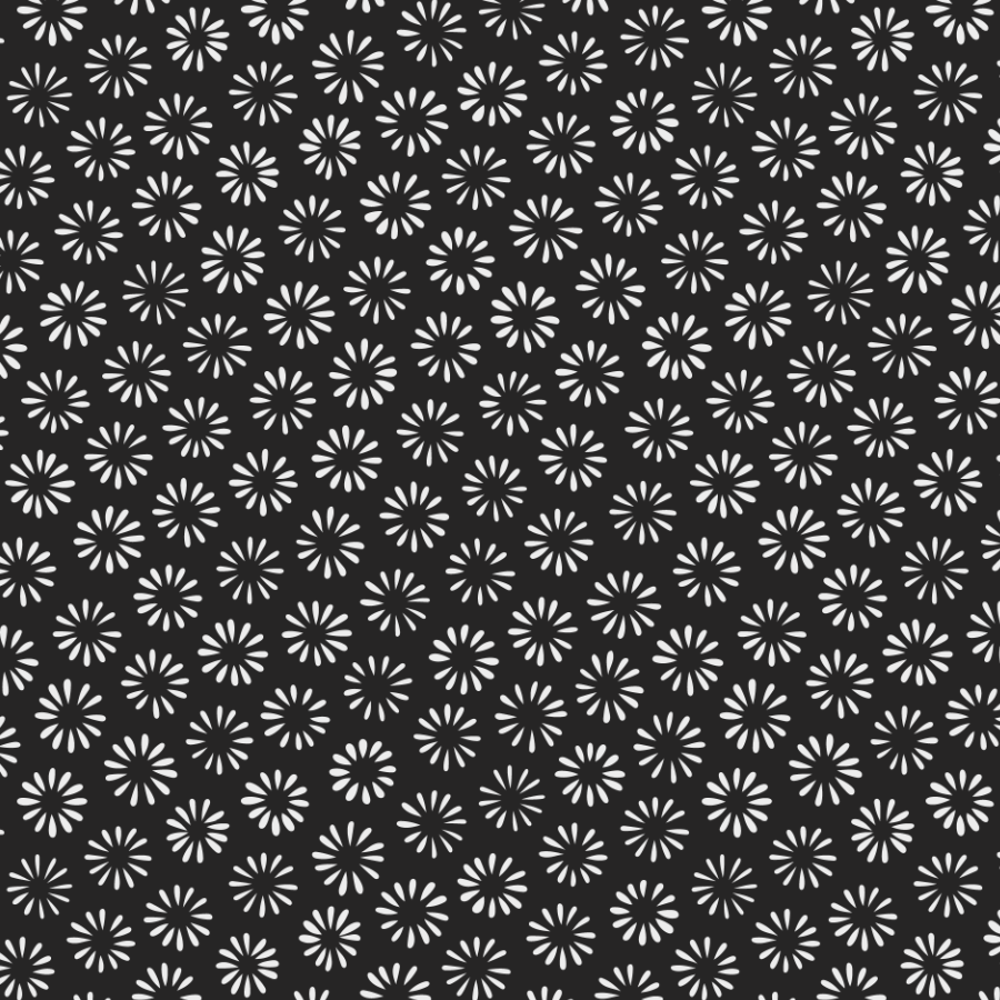 Pattern of white daisy-like flowers on a black background.
