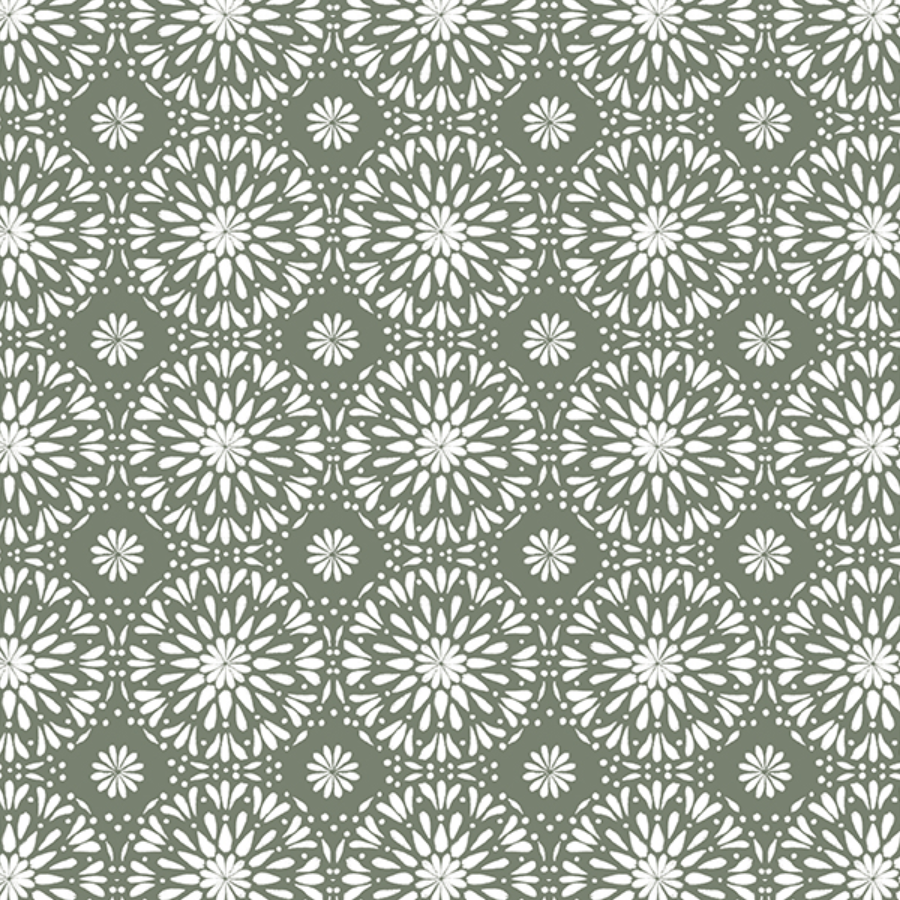 Decorative pattern of white floral and starburst shapes on a green background.