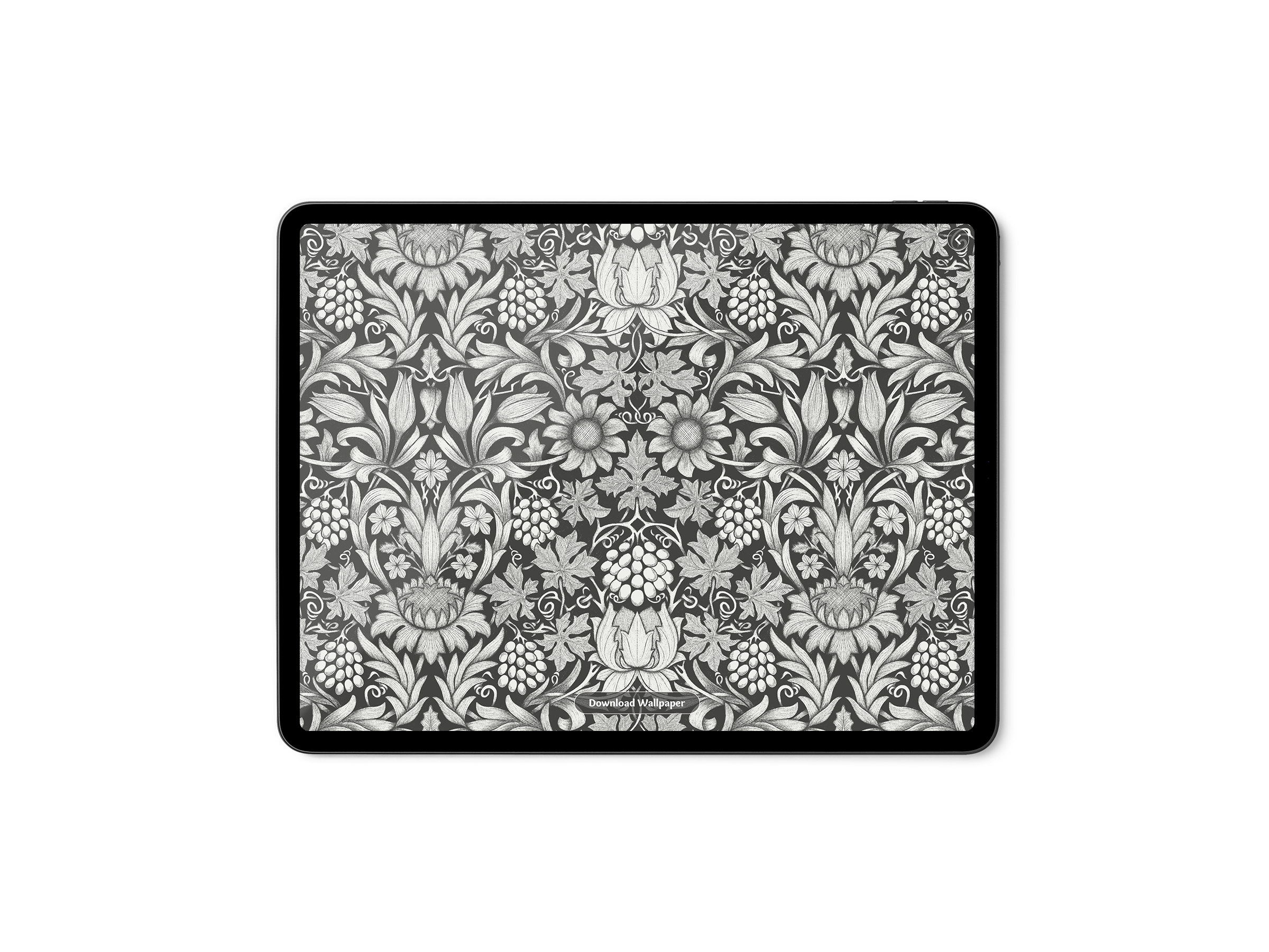 A tablet displaying a black and white intricate floral pattern wallpaper with a "Download Wallpaper" button at the bottom.