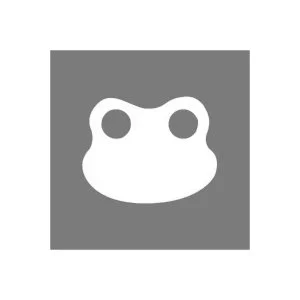 A white cartoon frog face on a gray background