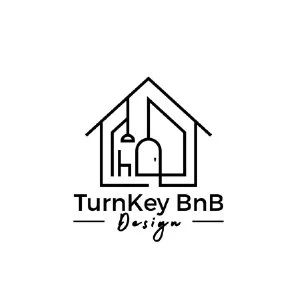Logo of TurnKey BnB Design featuring a house outline with a door shaped like a key and the company name beneath.