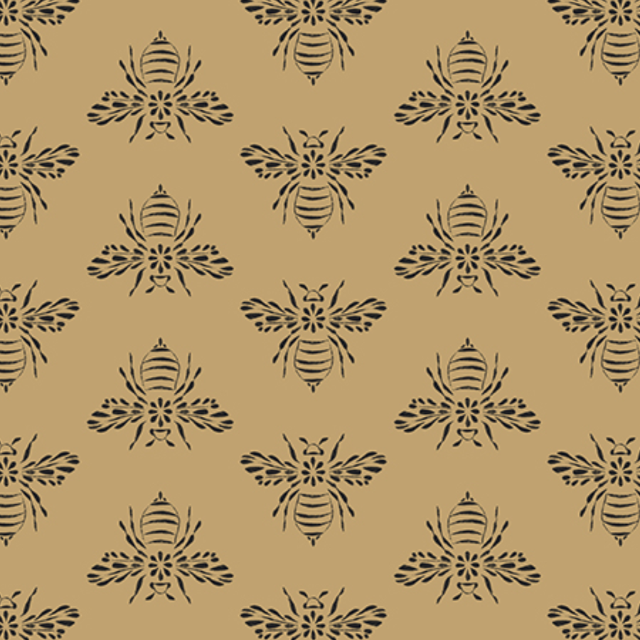 Pattern of black bees and honeycombs on a beige background.