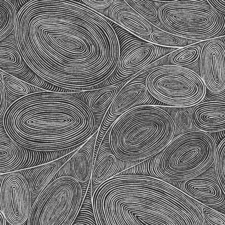 Close-up of a black and white pattern with swirling, oval-shaped lines resembling tree rings.