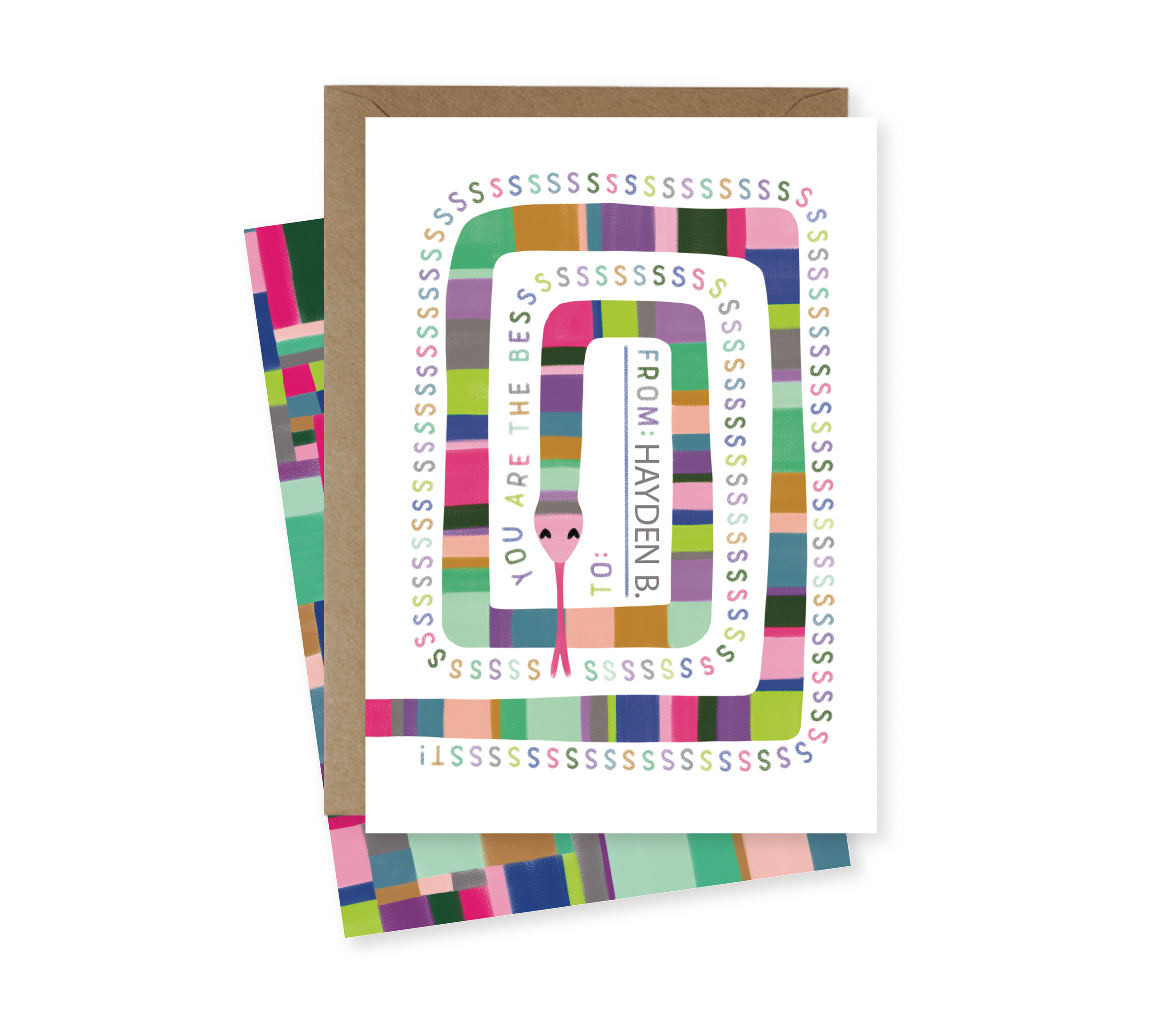 Colorful greeting card with a playful, multicolored snake design made of letter S's and a message that reads 'You are the best!'. The card is placed on a kraft paper envelope.