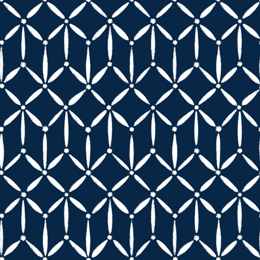 Pattern of white geometric flower shapes on a dark blue background.