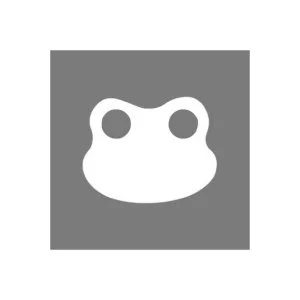 Icon of a frog's face with round eyes and a simple mouth, in white on a gray background.