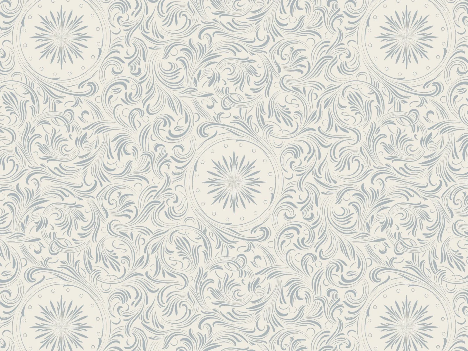 An intricate, symmetrical pattern with a floral and scroll design in shades of grey on a cream background.