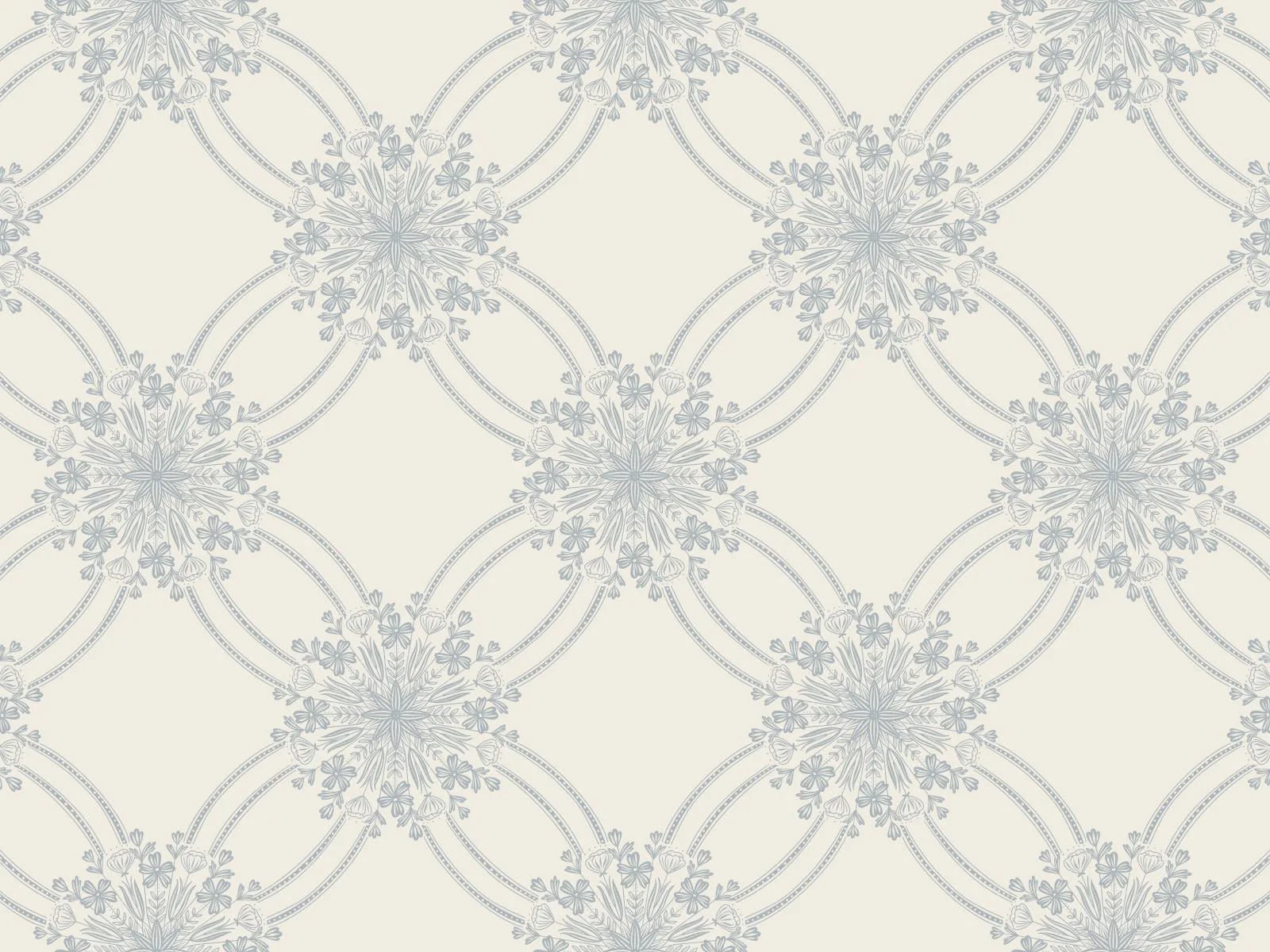 A wallpaper pattern with symmetrical floral and geometric designs in light gray on a cream background.