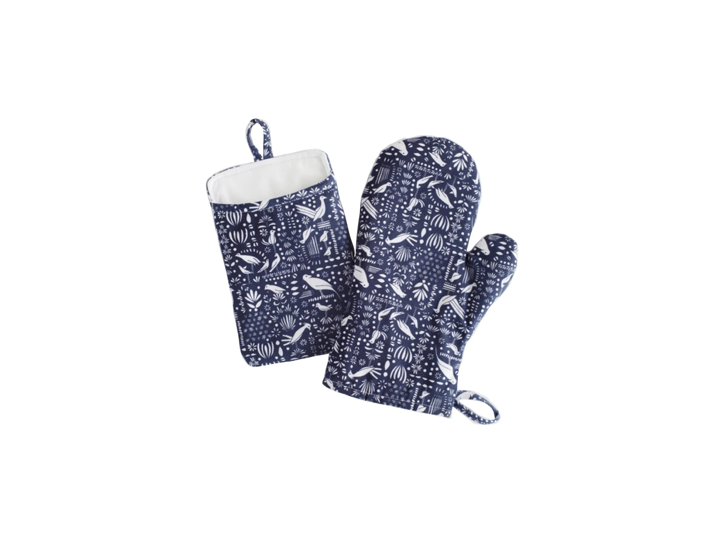 A pair of blue and white patterned oven mitts and a pot holder with a bird, plant, and leaf print design.