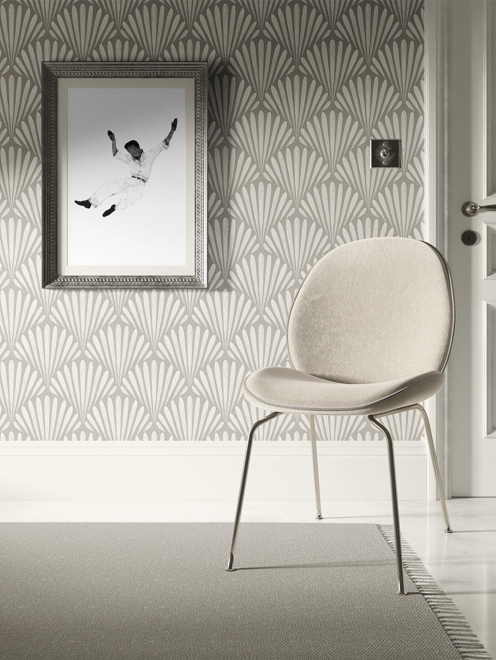 An interior scene with a patterned wallpaper, a framed black-and-white photograph of a boy seemingly falling, a beige chair, a gray rug, and part of a white door.