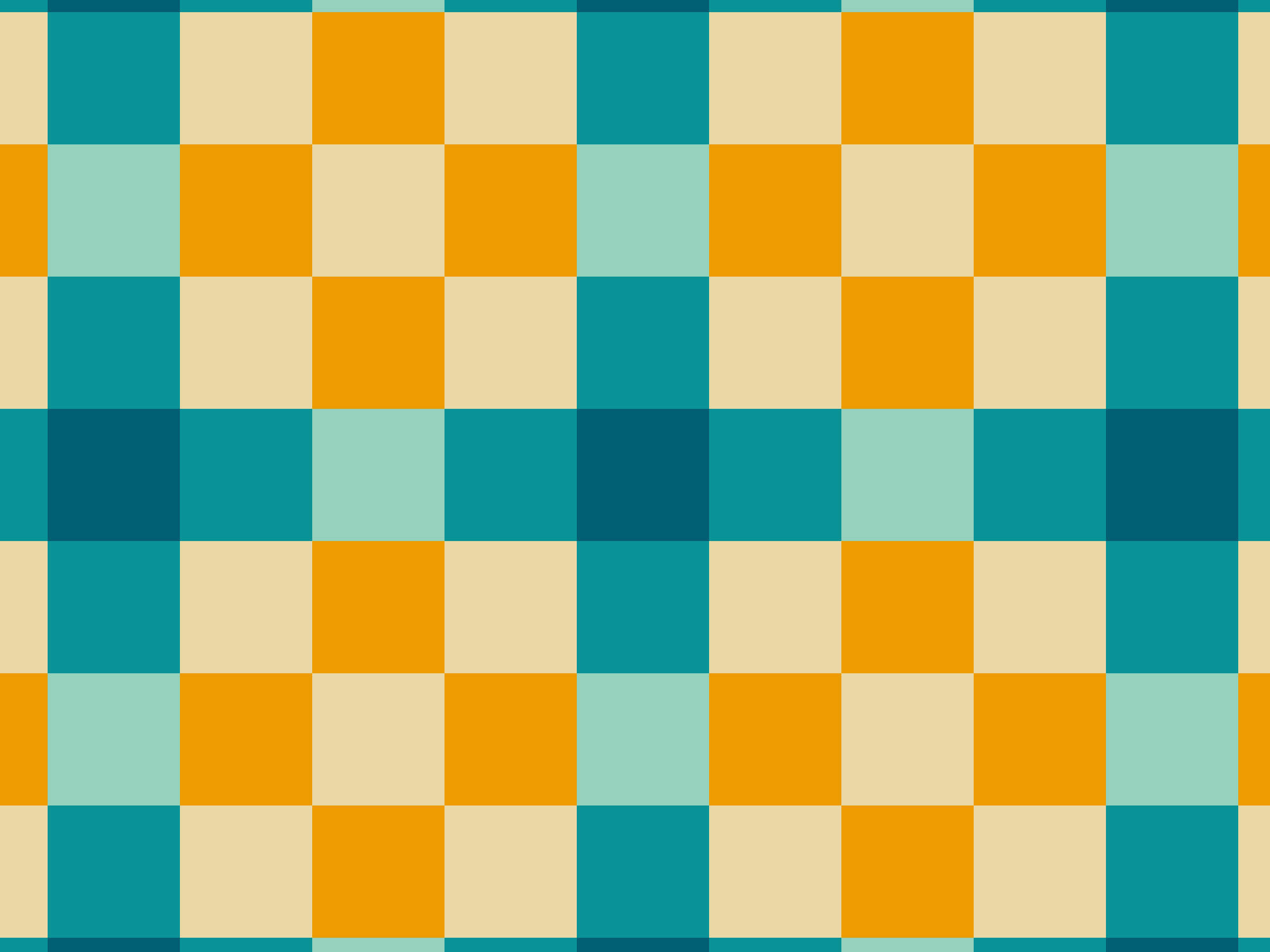 A colorful pixelated pattern with squares in shades of teal, orange, cream, and yellow.