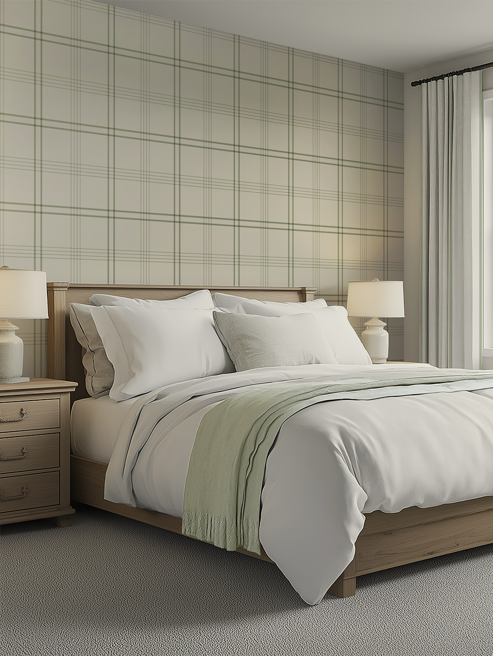 A neatly made bed with white and light gray pillows, a light green throw blanket, a wooden headboard, two matching nightstands with lamps, light-colored curtains, and a wallpaper with a green plaid pattern in a bedroom.