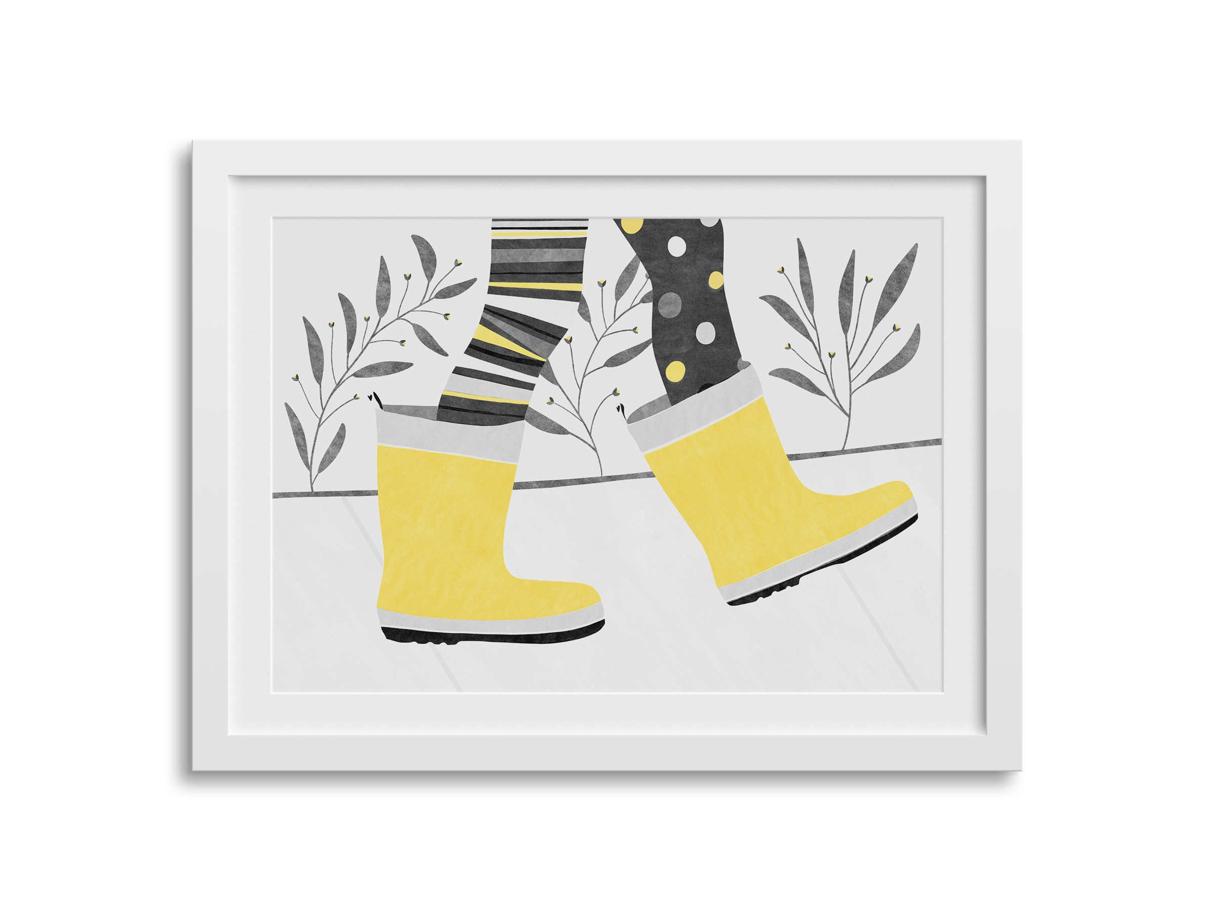 Decorative framed artwork featuring stylized gray and yellow rain boots with floral and striped patterns, set against a light background.