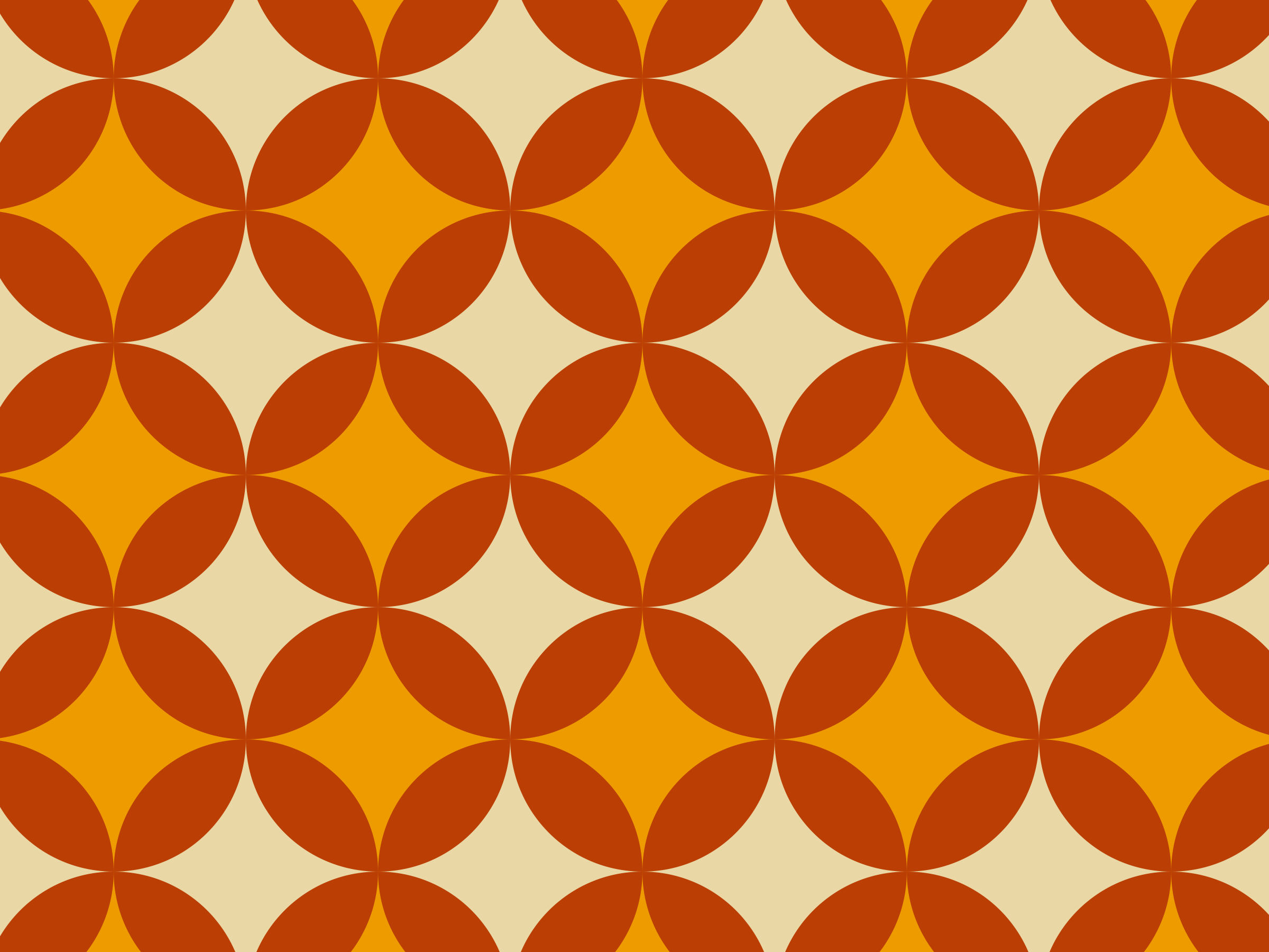 A repeating geometric pattern with orange and yellow shapes on a beige background.