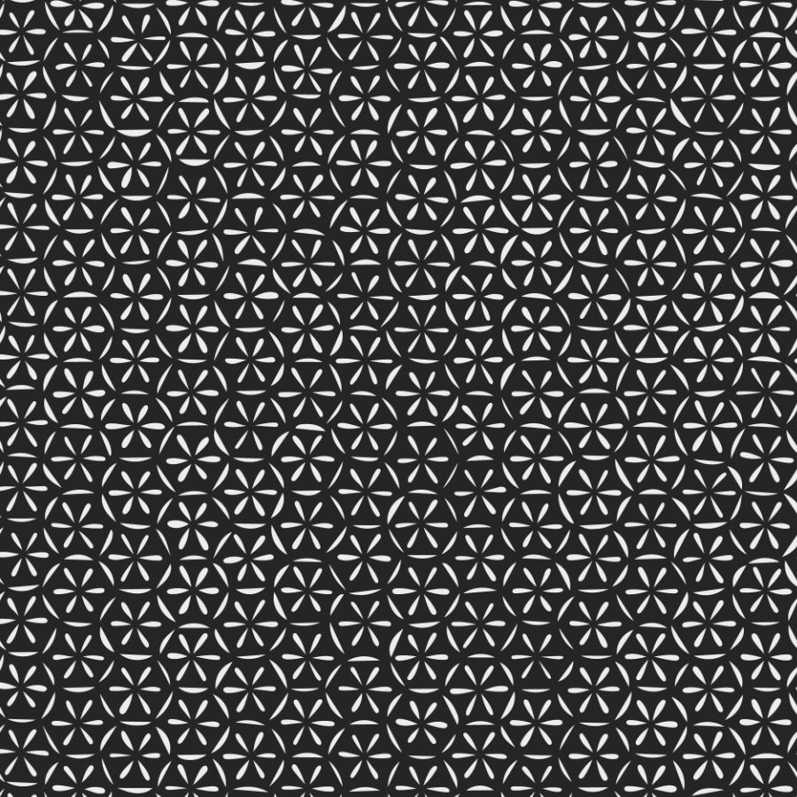 Black background with a repeating geometric pattern of white circular shapes containing six petal-like segments.