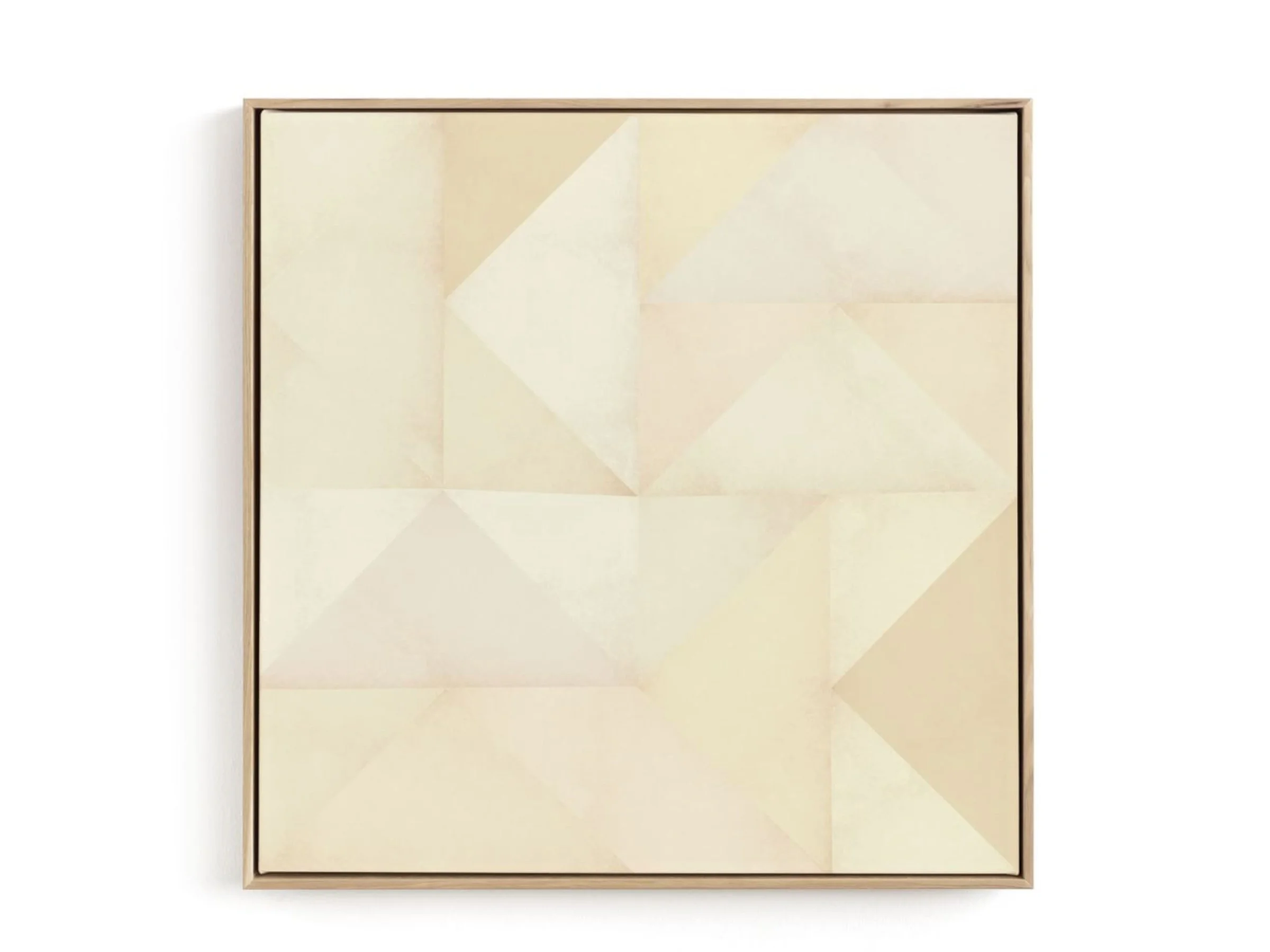Close-up of a decorative framed art print in a soft subtle yellow with a geometric pattern on its surface.