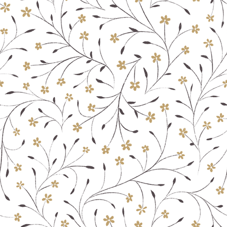 A floral pattern featuring beige flowers and black leaves on a white background.