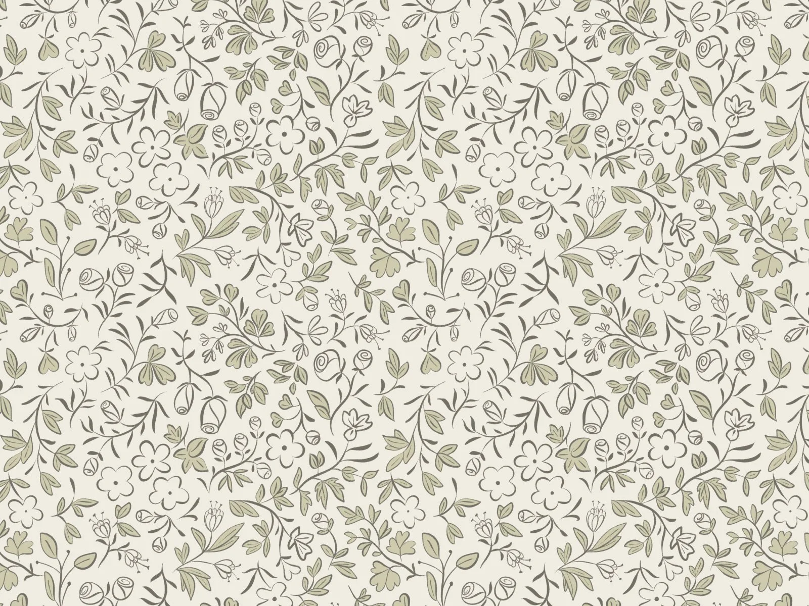 A pattern of floral and leafy designs in beige and gray colors on a light background.