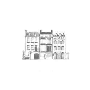 Line drawing of a three-story row house with decorative elements and a garage on the ground level.