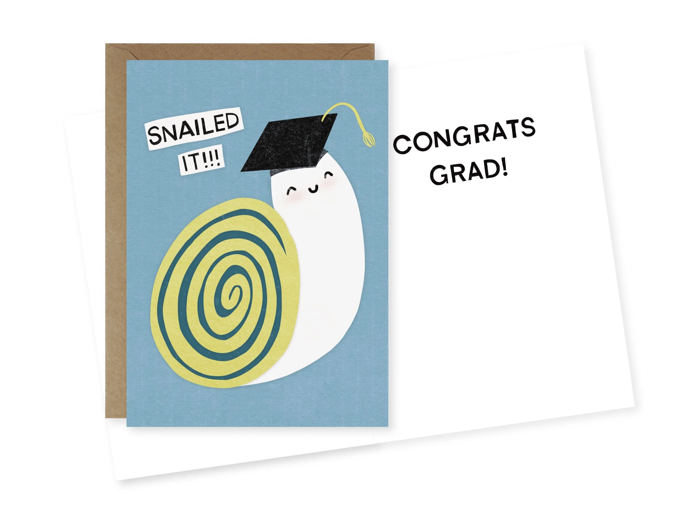 A greeting card featuring a cartoon penguin wearing a black graduation cap with a yellow tassel, celebrating graduation with text that reads "SNAILED IT!!!" and "CONGRATS GRAD!" on a blue background.