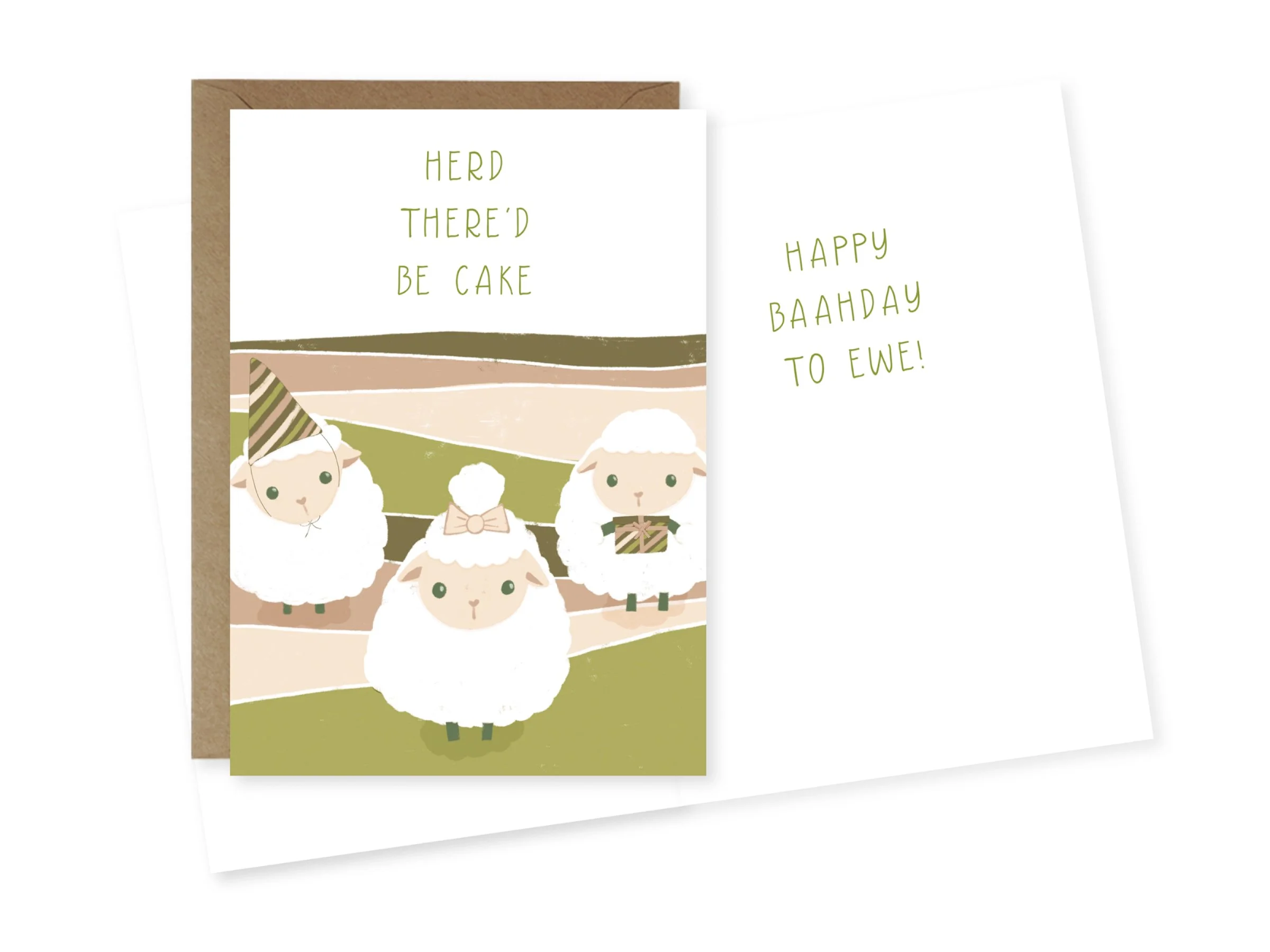 A set of birthday cards with drawings of sheep wearing party hats, and text that says "Herd There'd Be Cake" and "Happy Bahday to Ewe!" in green lettering.