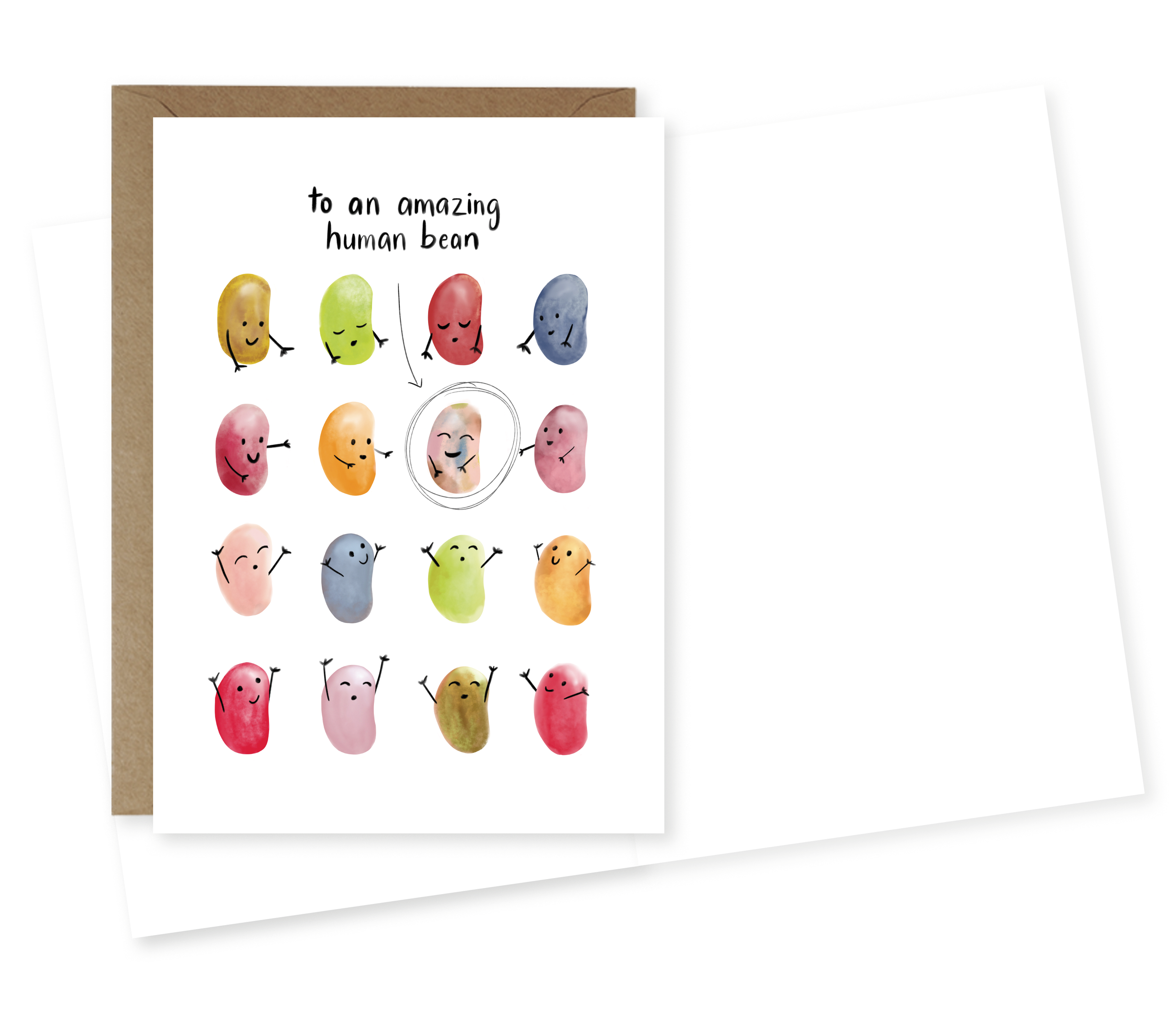 Colorful watercolor illustration of jelly bellies with smiling faces and arms gesturing to the central bean, with text 'to an amazing human bean' at the top.