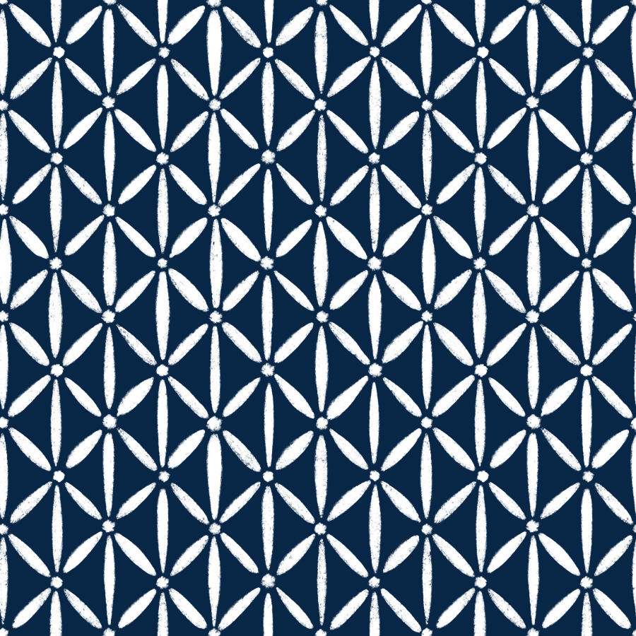 Pattern of white geometric flower shapes on a dark blue background.