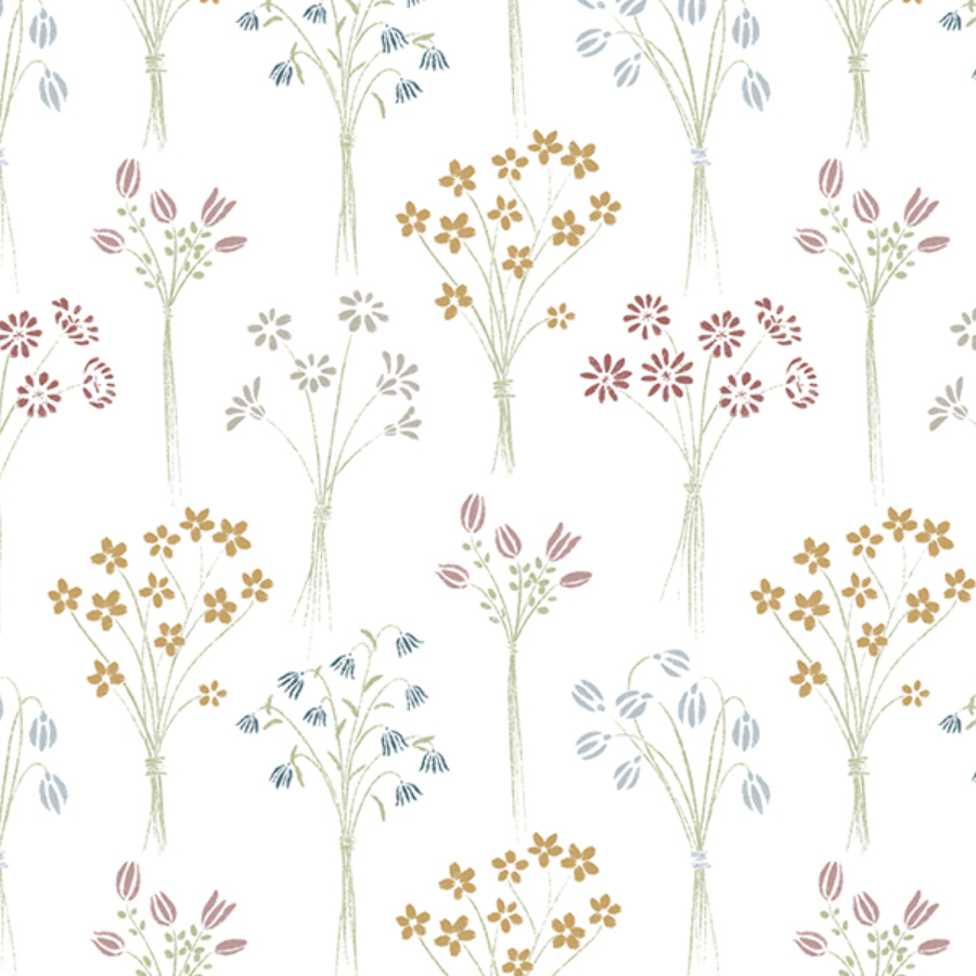 A seamless pattern of stylized botanical illustrations of various flowers and plants in pastel colors on a white background.