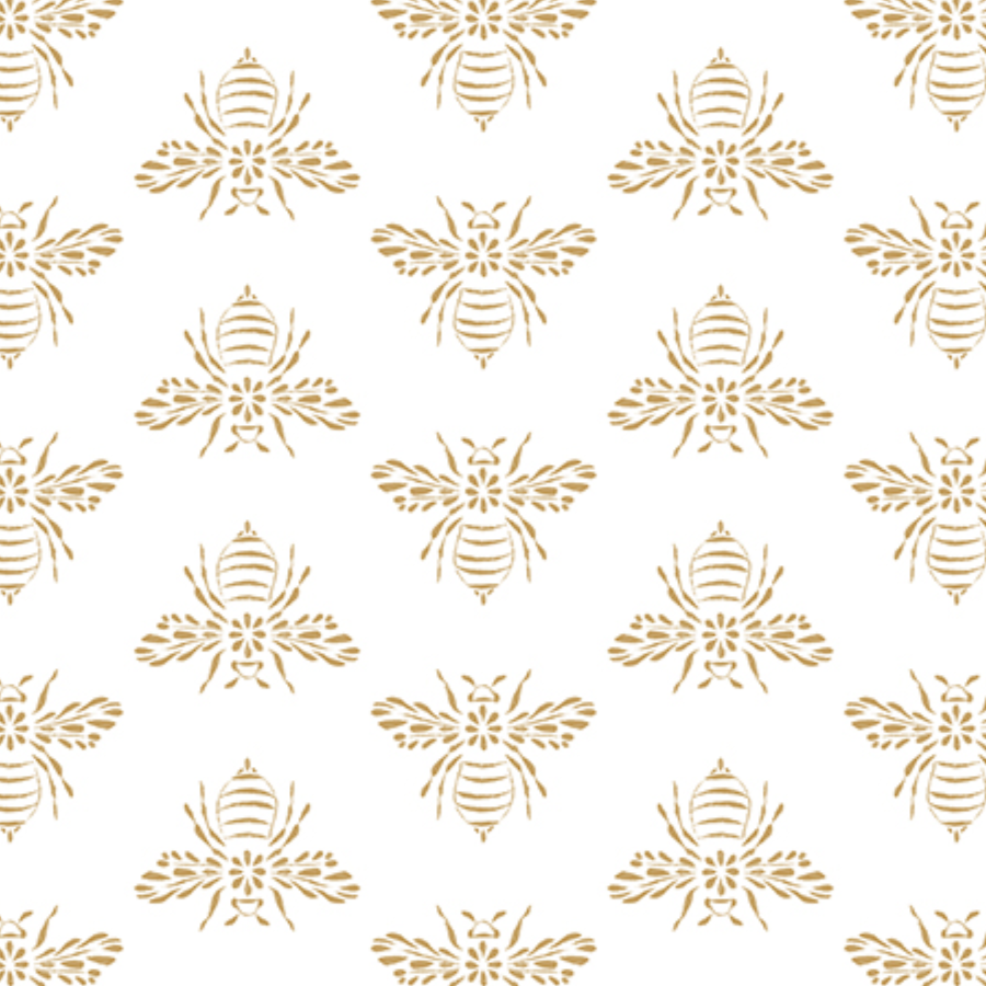 Pattern of golden bees on a white background.