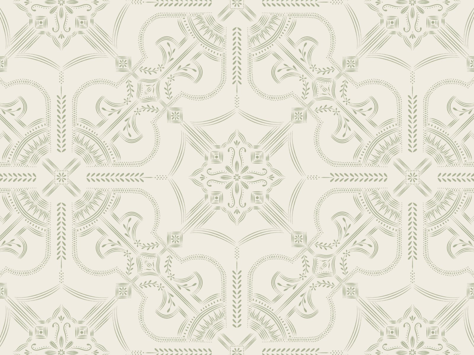 A decorative pattern with intricate, symmetrical designs in light gray on a cream-colored background.
