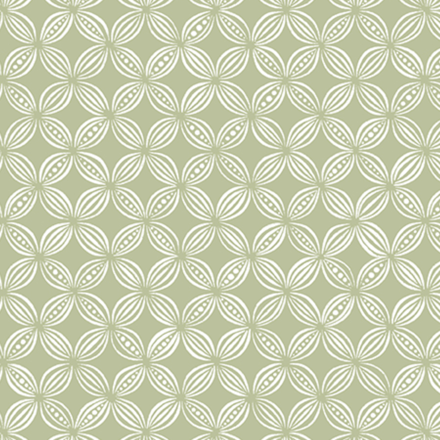 A repeating pattern of white geometric flower-like shapes on an olive green background.