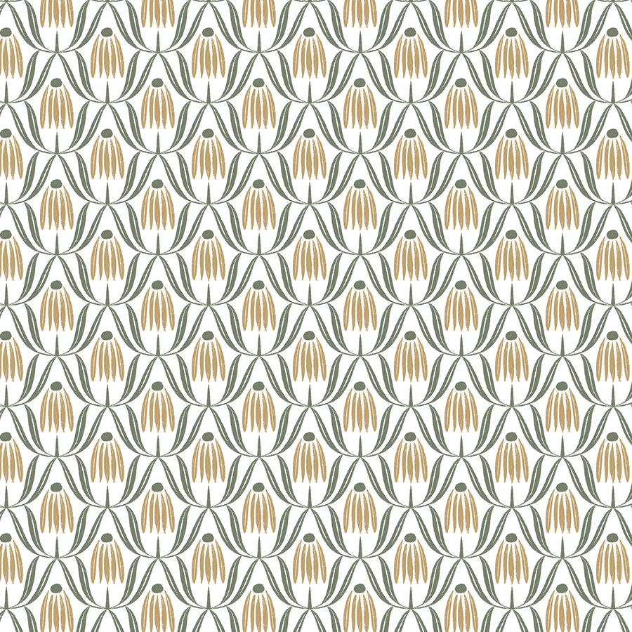 A seamless floral pattern with stylized flowers in gold and dark green on a white background.